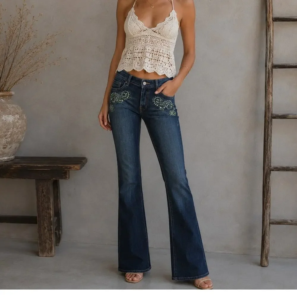 7 for all Mankind Blue Denim Embellished  boot cut Y2K jeans  30